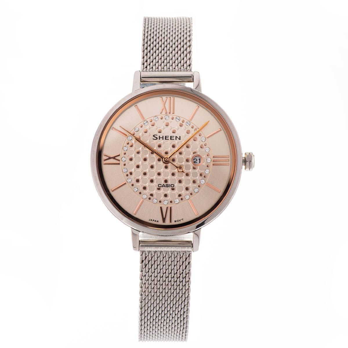casio sheen she-4059m-4a, đồng hồ casio chính hãng, đồng hồ nữ, pin/quartz, kính khoáng, dây kim loại, chống nước 5atm, sku/upc/mpn: 4549526259203 - Ảnh 2
