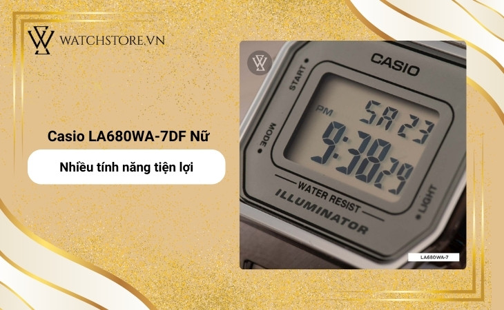 Casio Vintage Nữ LA680WA-7DF có tính năng bấm giờ, báo thức