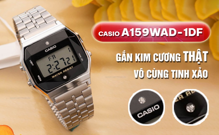 Casio A159WAD-1DF gắn kim cương tinh xảo