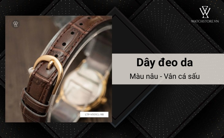 Casio LTP-V001GL-9BUDF có dây da màu nâu, vân cá sấu