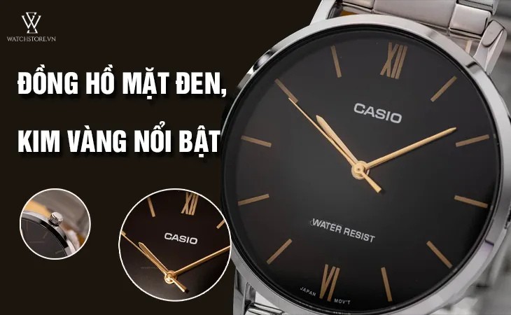 mặt số đen, các kim ánh vàng nổi bật