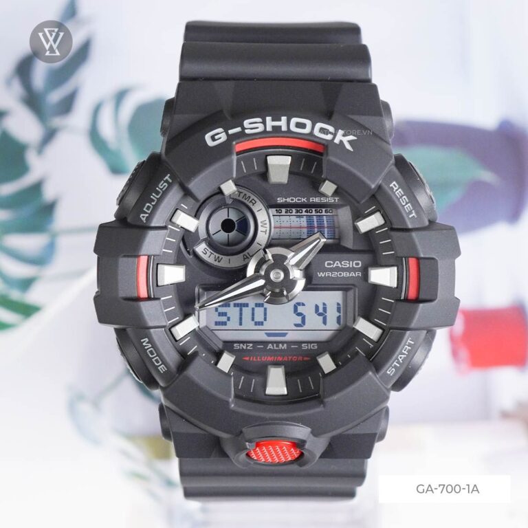 GA-700-1A chính hãng, mặt tròn hiển thị kim và số rõ nét, dây đeo nhựa resin bền bỉ.