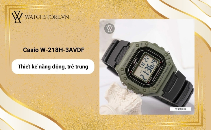 Đồng hồ Casio W-218H-3AVDF có kiểu dáng dễ đeo, thể thao