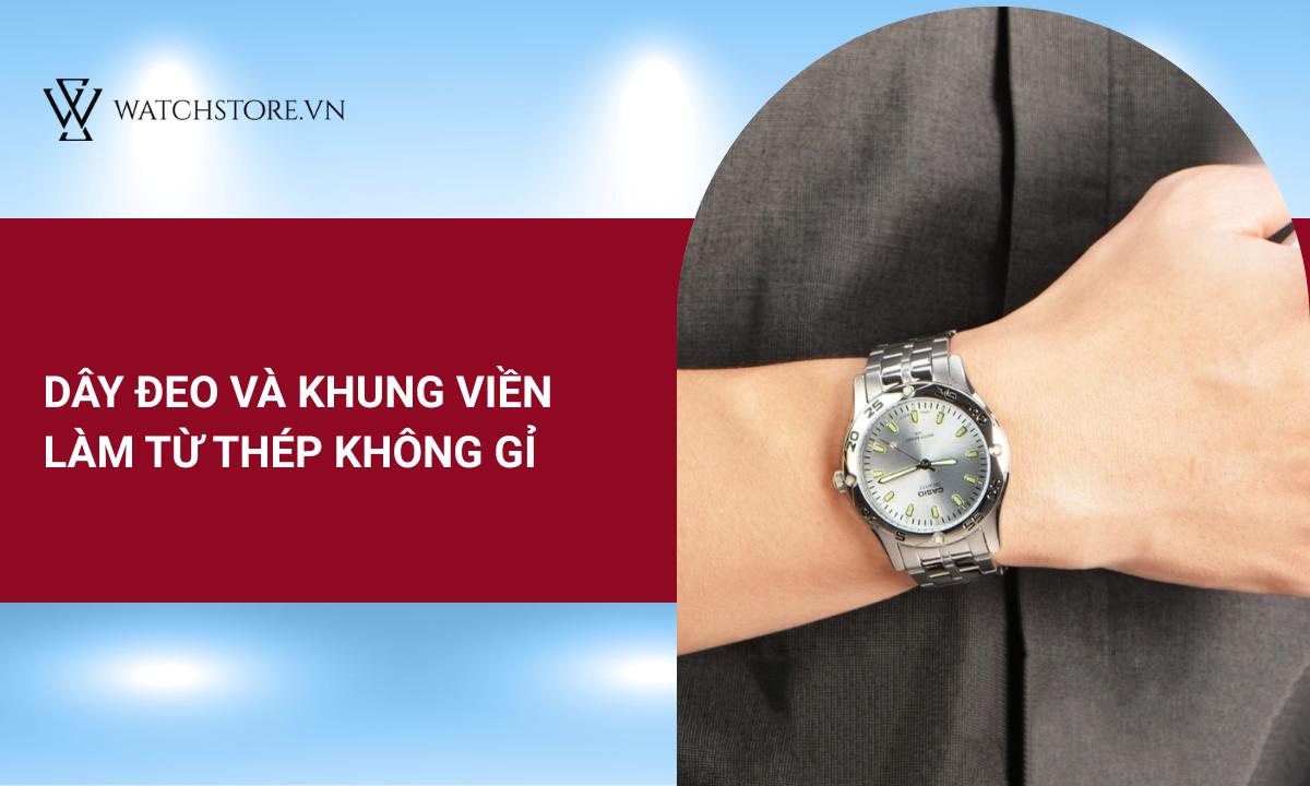 Dây đeo và khung viền làm từ thép không gỉ sáng bóng, bền bỉ