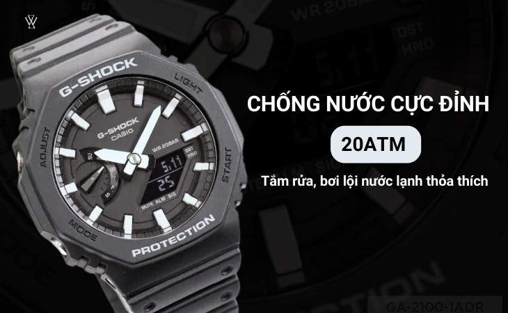 Casio GA-2100-1ADR chống kháng nước lên đến 20ATM giúp đi bơi, lội thoải mái