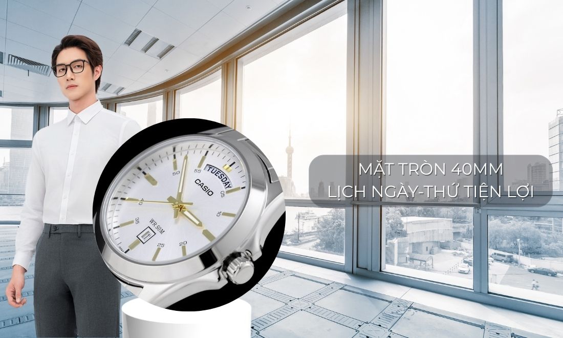 Đồng hồ nam mặt tròn 40mm, lịch ngày-thứ tiện lợi