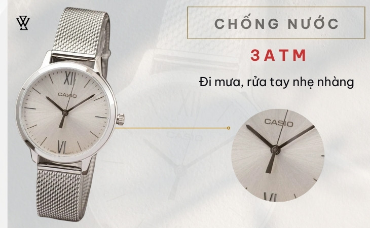 Đồng hồ nữ Casio LTP-E157M-7ADF được trang bị độ chống thấm nước lên đến 3ATM