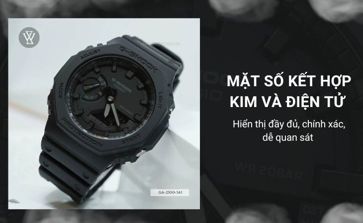 đồng hồ Casio GA-2100-1A1DR có mặt số kết hợp kim và điện tử