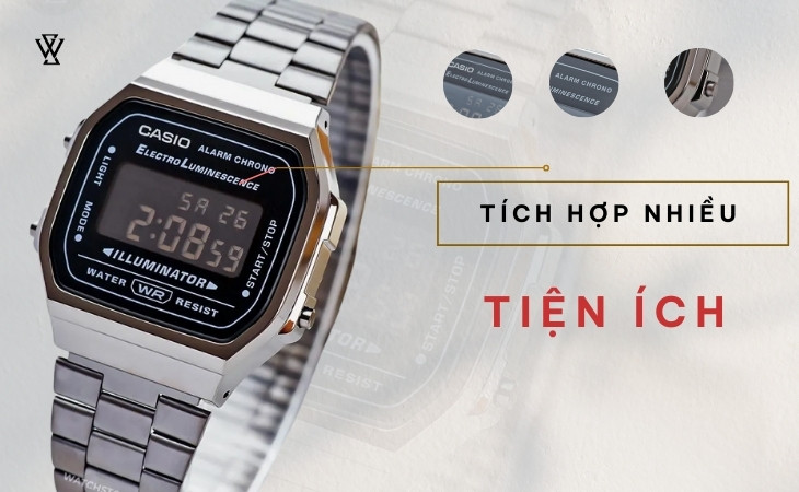 Đồng hồ A168WGG-1BDF tích hợp nhiều tiện ích