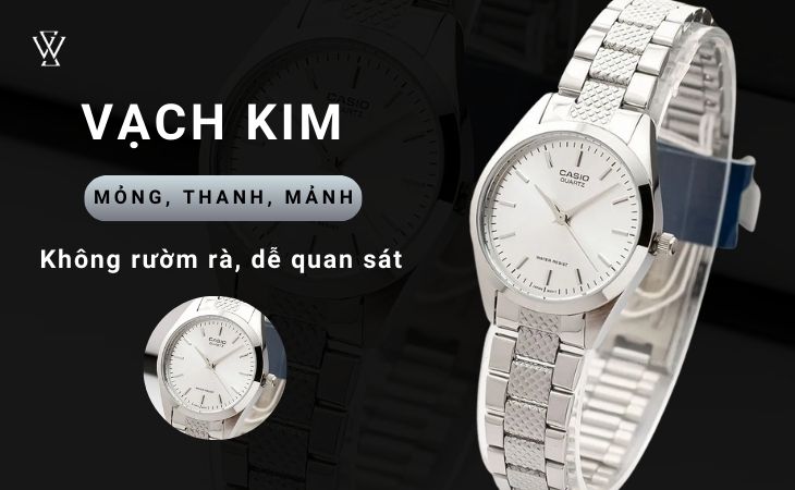 LTP Nữ LTP-1274D-7ADF có các vạch kim giờ, kim phút, kim giây thanh mảnh