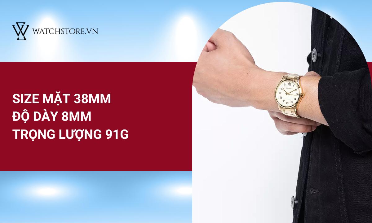 Kích thước size mặt 38mm, độ dày 8mm, trọng lượng 91g lý tưởng