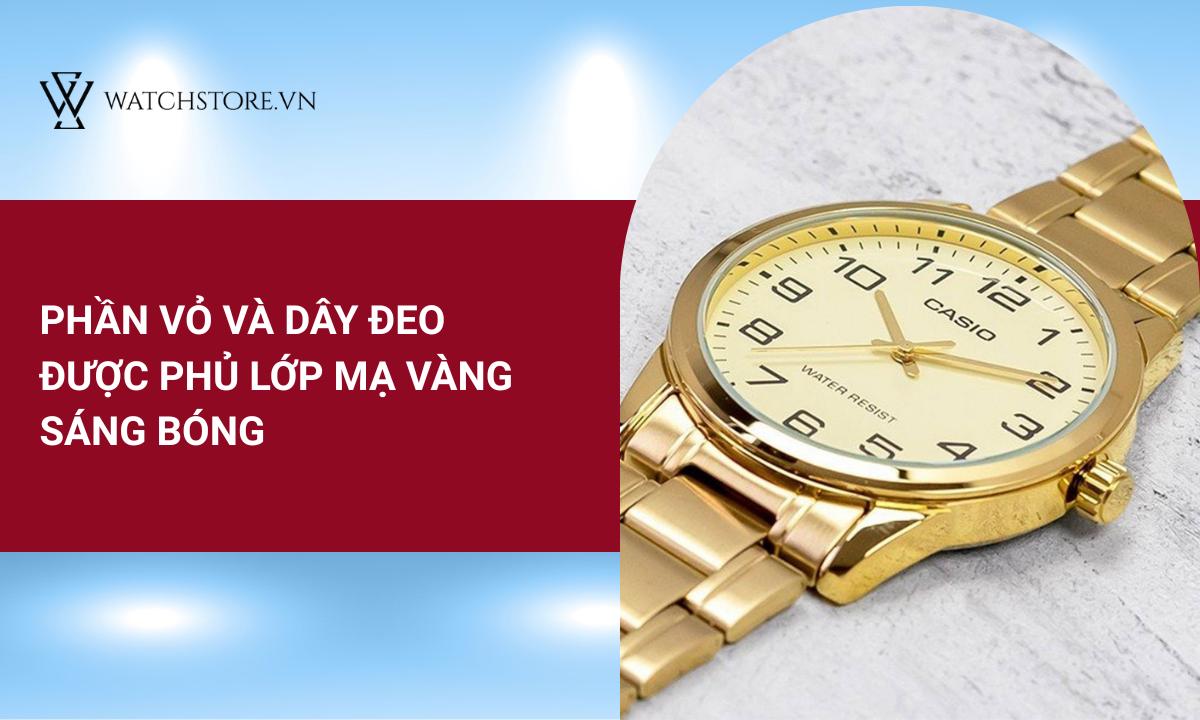 Toàn bộ phần vỏ và dây đeo được phủ lớp mạ vàng sáng bóng