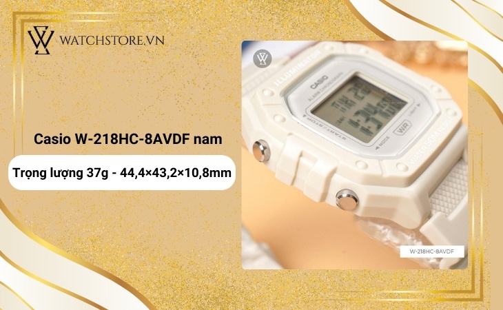 đồng hồ Casio W-218HC-8AVDF có kích thước vỏ 44,4×43,2×10,8mm và trọng lượng chỉ 37g