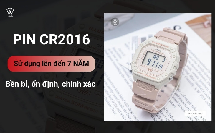 Đồng hồ W-218HC-4A2VDF sử dụng pin trâu CR2016 giúp đồng hồ có tuổi thọ lên đến 7 năm