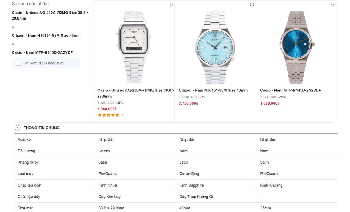 WatchStore tiên phong ứng dụng AI vào tìm kiếm đồng hồ tại Việt Nam 4 bảng thông tin so sánh các đồng hồ