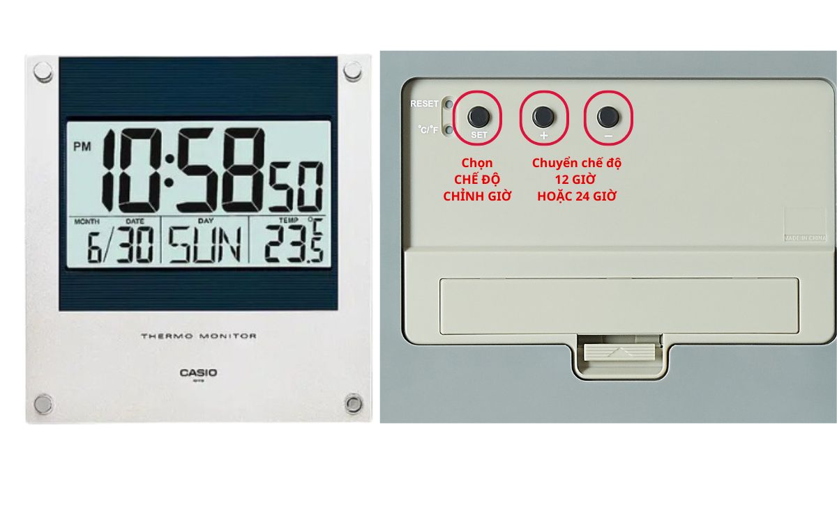 Cách tự chỉnh đồng hồ điện tử treo tường tại nhà: giờ, ngày, nhiệt độ, độ ẩm, báo thức 2 chỉnh chế độ 12 giờ 24 giờ đồng hồ điện tử treo tường
