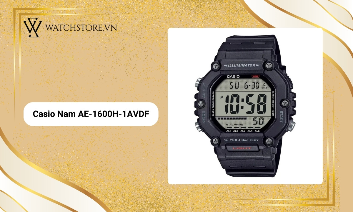 Đồng hồ Casio Illuminator là gì? Khám phá tính năng, ưu điểm 15 Đồng Hồ Casio AE-1600H-1AVDF màu đen
