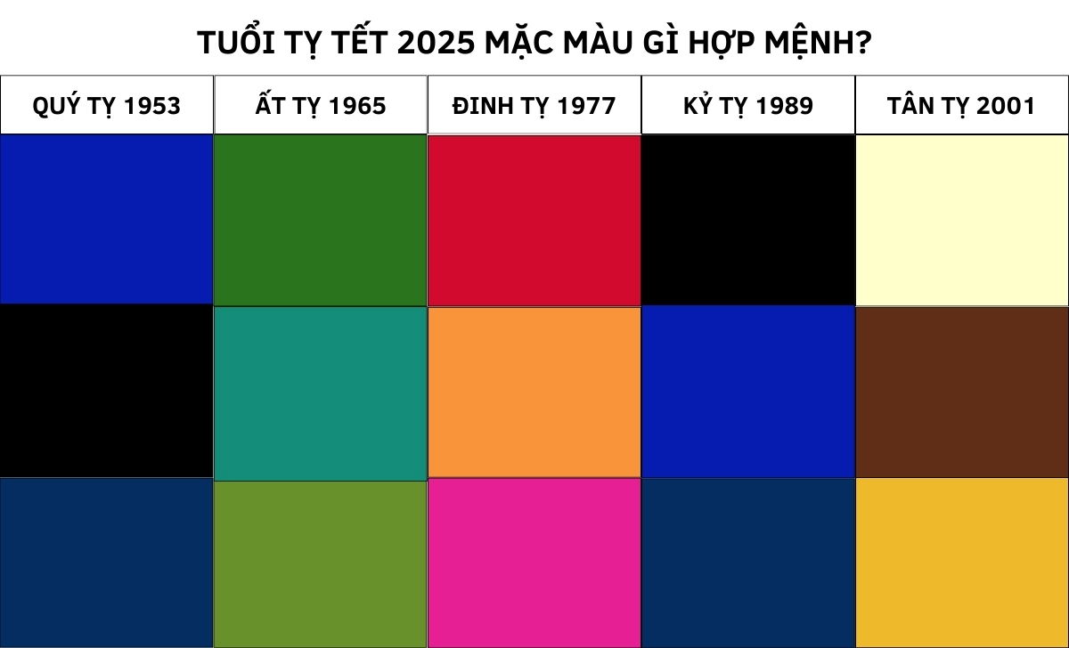 Tết 2025 mặc màu gì hợp tuổi thu hút tài lộc tình duyên 8 người tuổi Tỵ Tết 2025 mặc màu gì