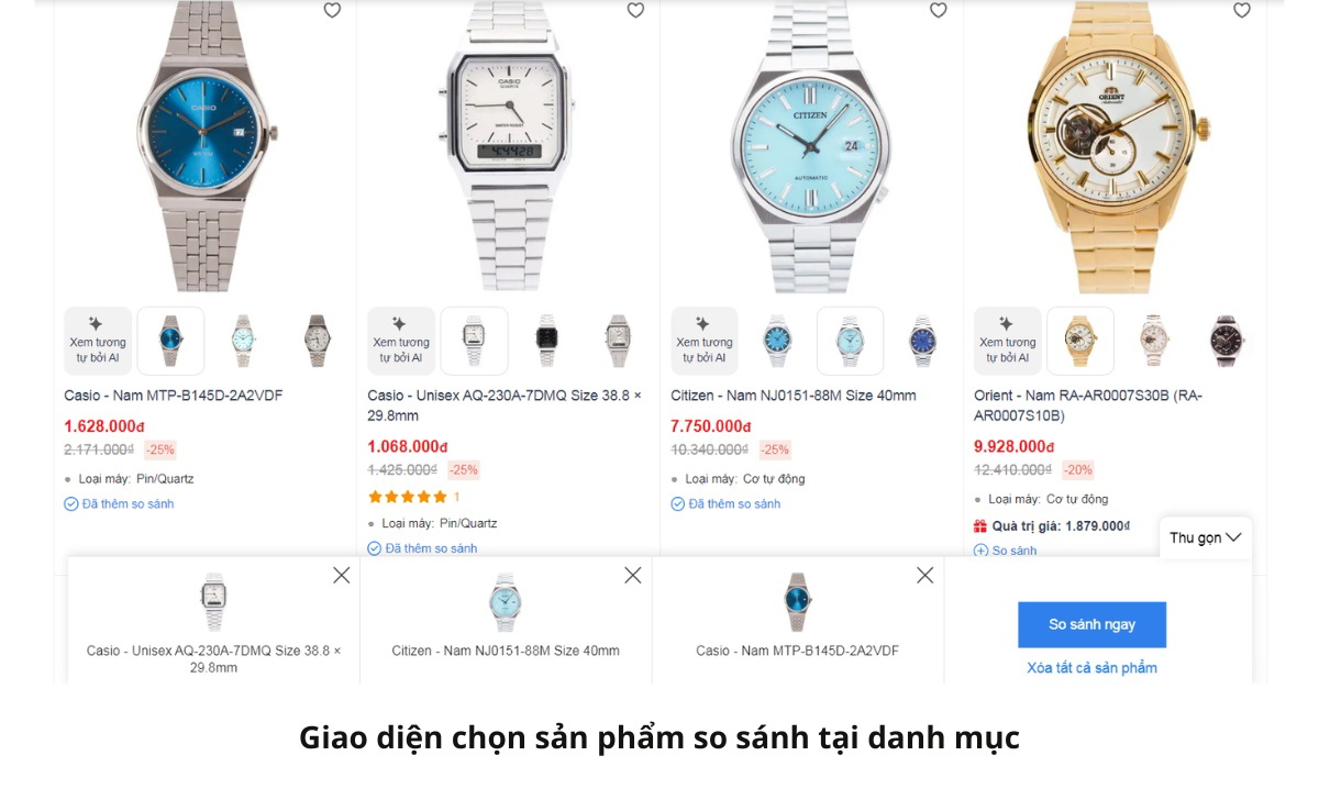 WatchStore tiên phong ứng dụng AI vào tìm kiếm đồng hồ tại Việt Nam 3 so sánh sản phẩm danh mục