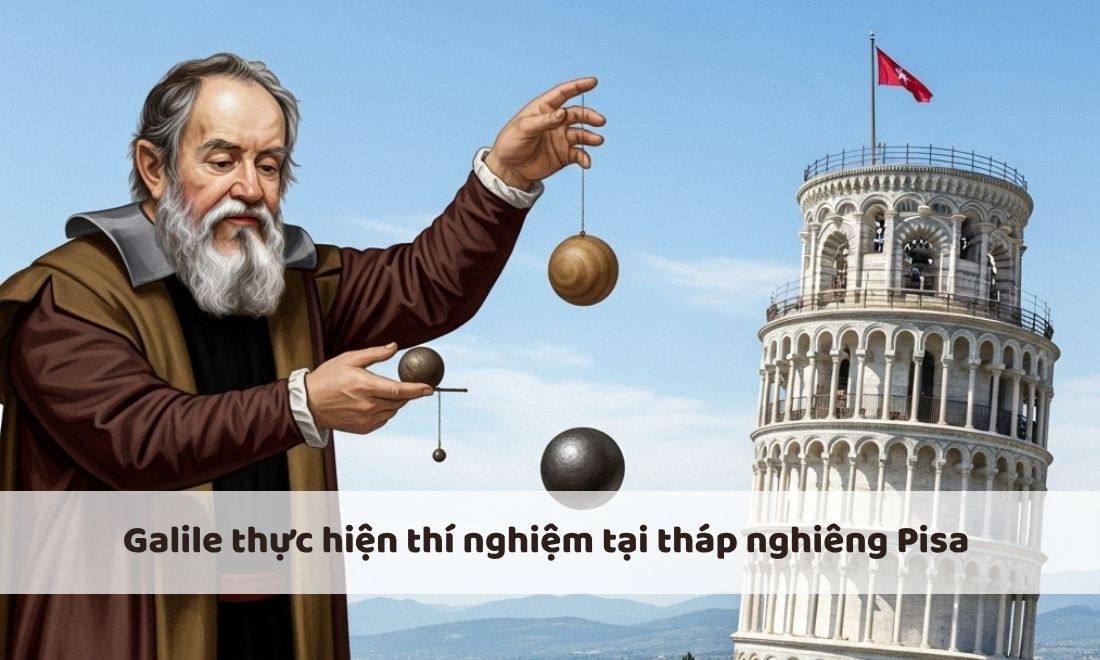 Galile thực hiện thí nghiệm tại tháp nghiêng Pisa để chứng minh tất cả các vật thể đều rơi cùng với một gia tốc