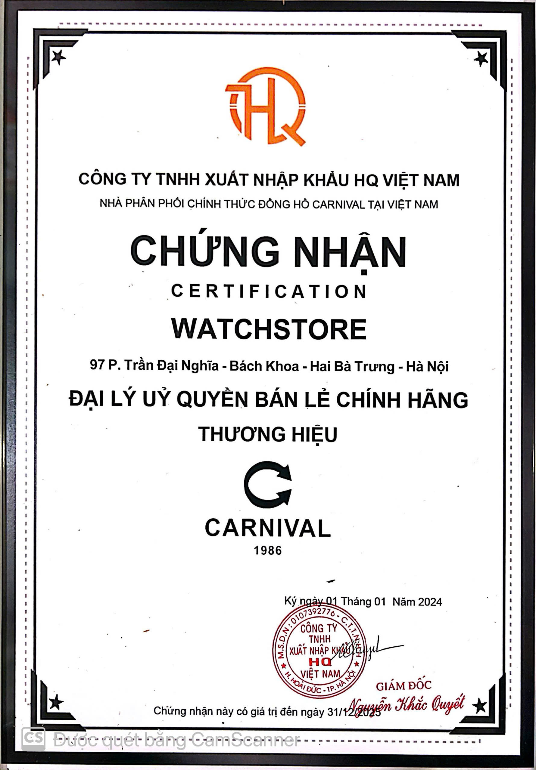 chứng nhận đồng hồ carnival