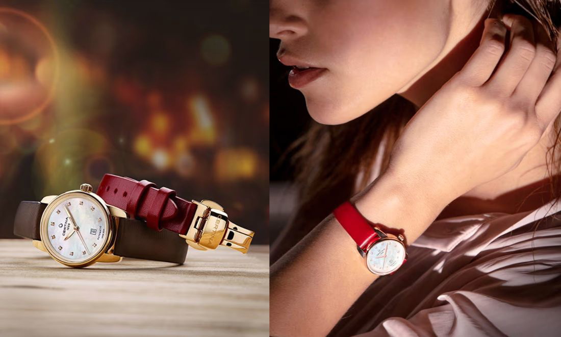 Mặt khảm trai trắng, dây da đỏ nổi bật