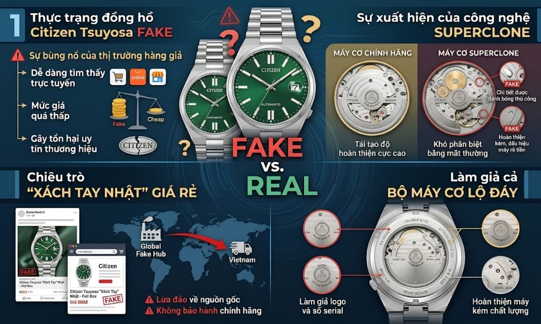 Citizen Tsuyosa Fake: 5 dấu hiệu nhận biết chính xác 100% - ảnh 5